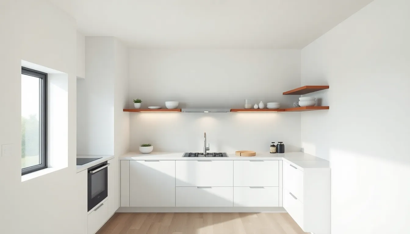 Sleek single-wall kitchen with integrated appliances, floating shelves, and a minimalist design