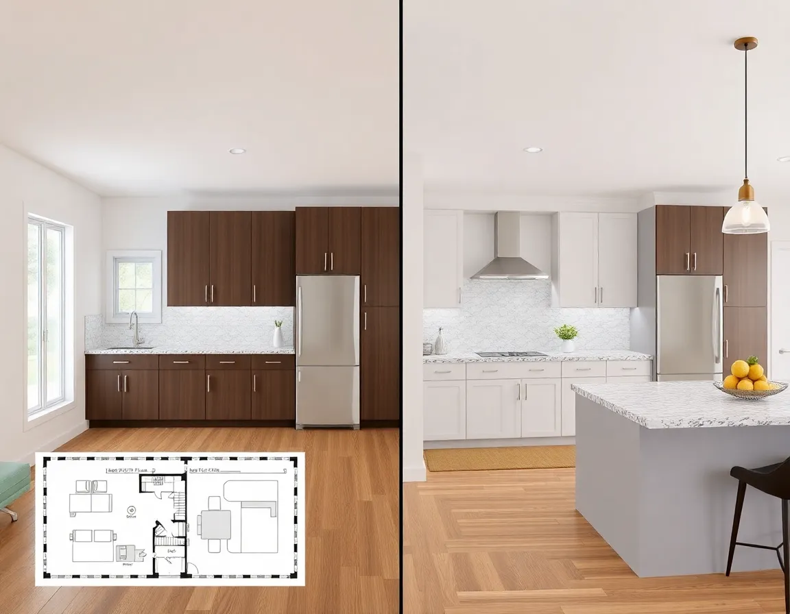 Comparison of a kitchen design showing the floor plan layout and the final 3D rendered visualization