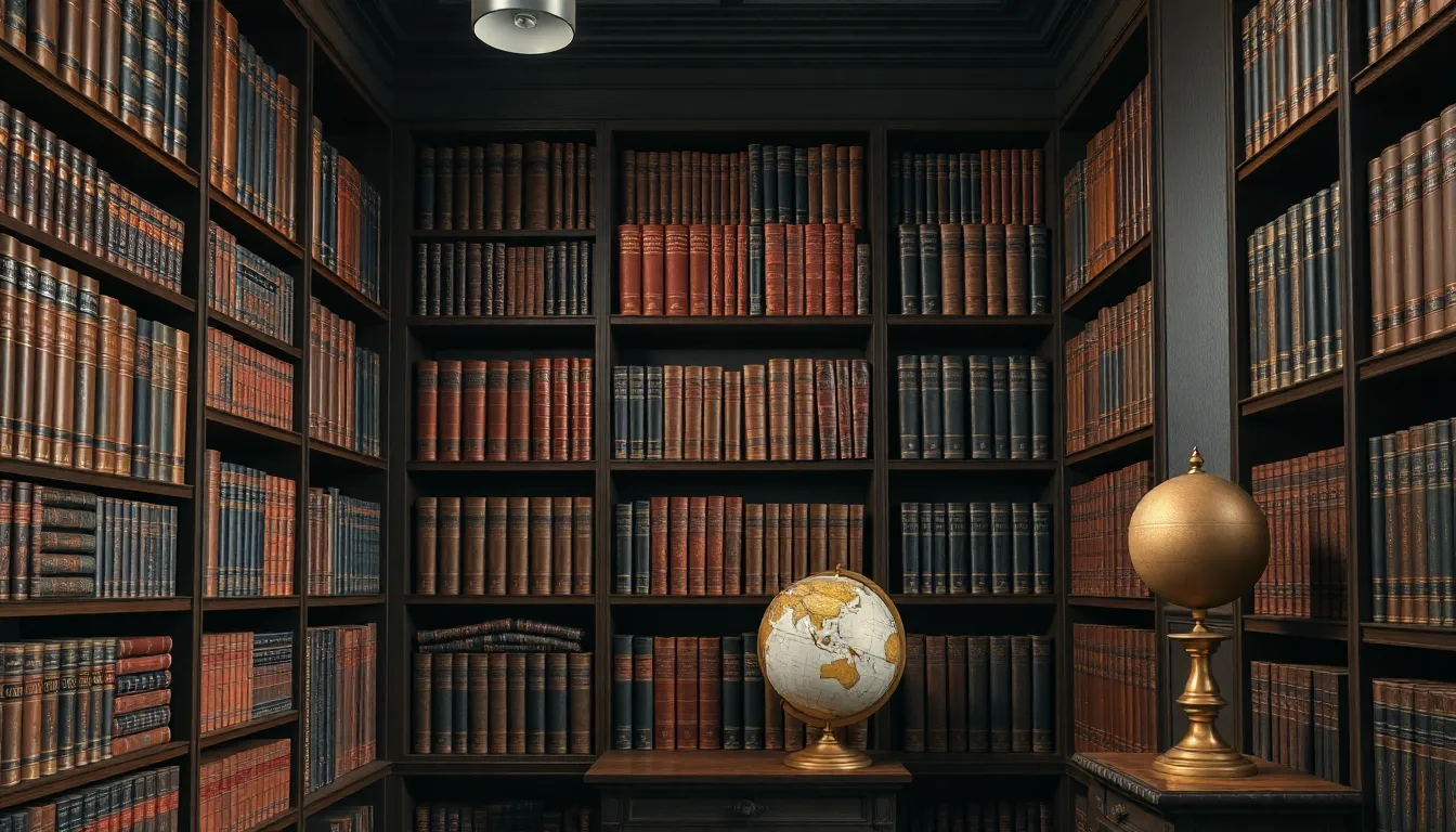 Floor-to-ceiling vintage bookshelf filled with leather-bound books, antique globe, and brass accents in a dark academia styled corner