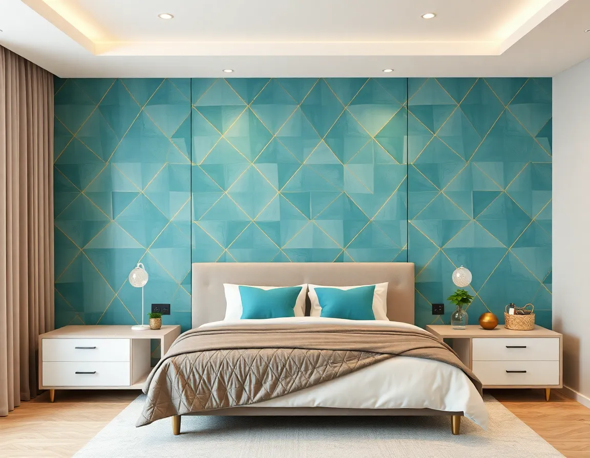 Modern bedroom with a geometric pattern accent wall in teal and gold
