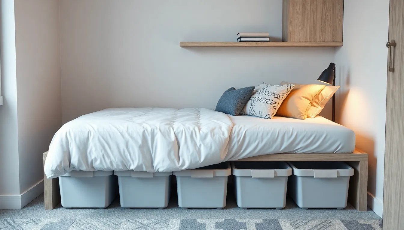 Twin XL bed in a college dorm with throw pillows, a comforter, and under-bed storage bins