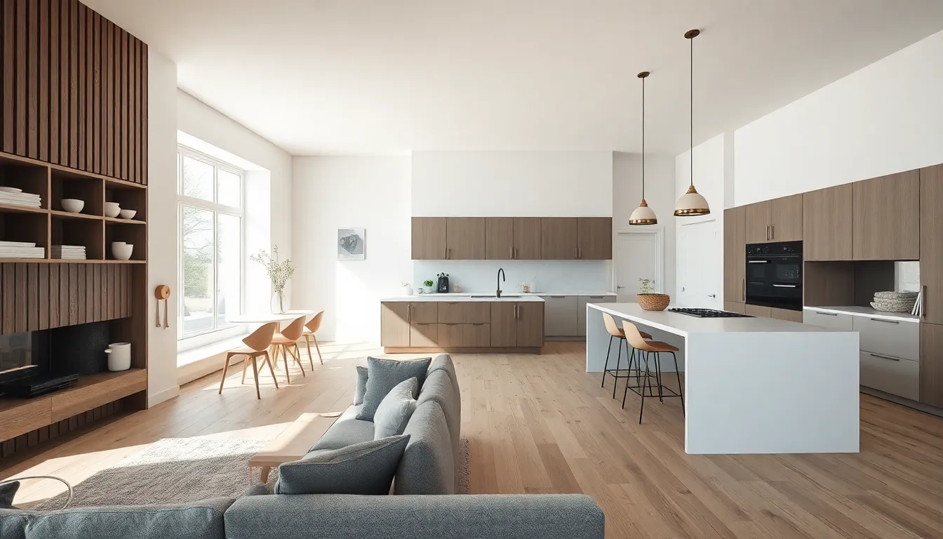 Open concept Scandinavian kitchen flowing into living area with consistent design elements