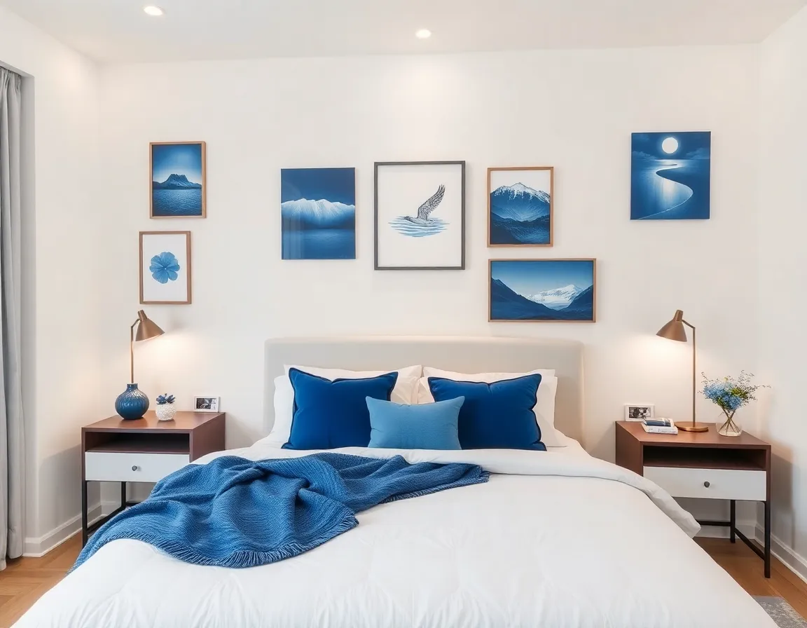 Serene bedroom with white walls and various blue accents including bedding, artwork, and decorative elements