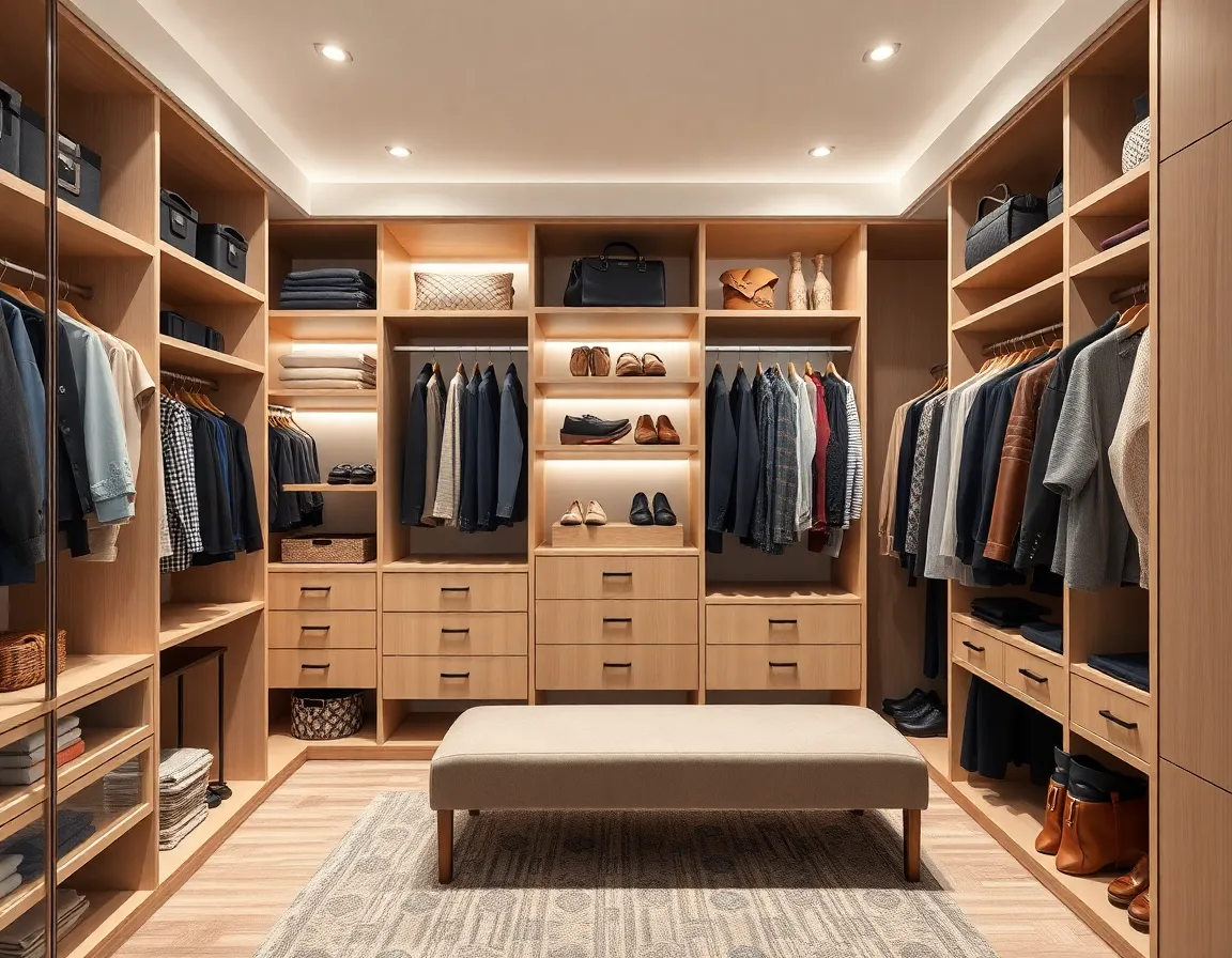 Organized walk-in closet showing different storage zones with clothing and accessories