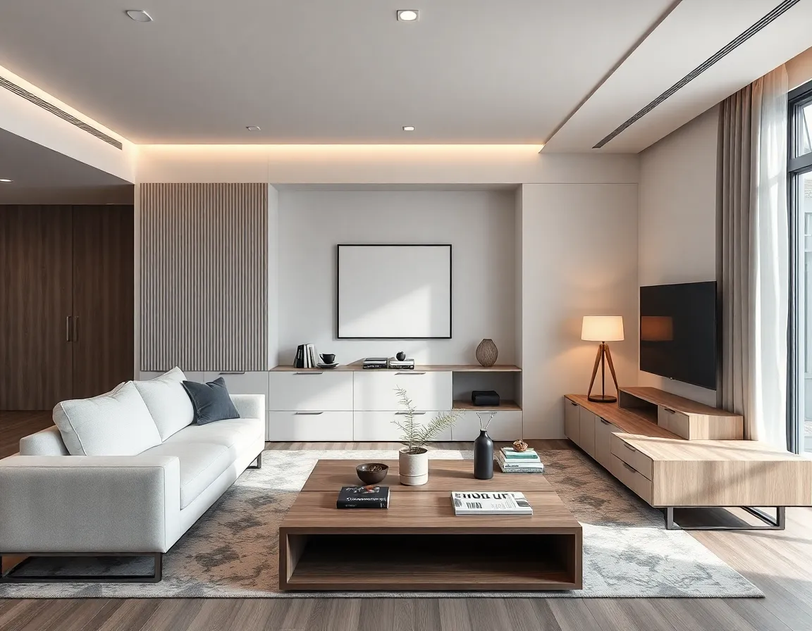 Minimalist living room featuring multi-functional furniture with clean lines and strategic storage solutions