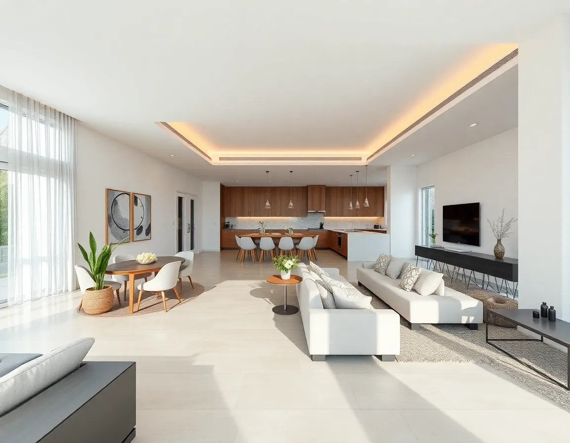 Amplia zona común en casa de una planta con sala, comedor y cocina integrados