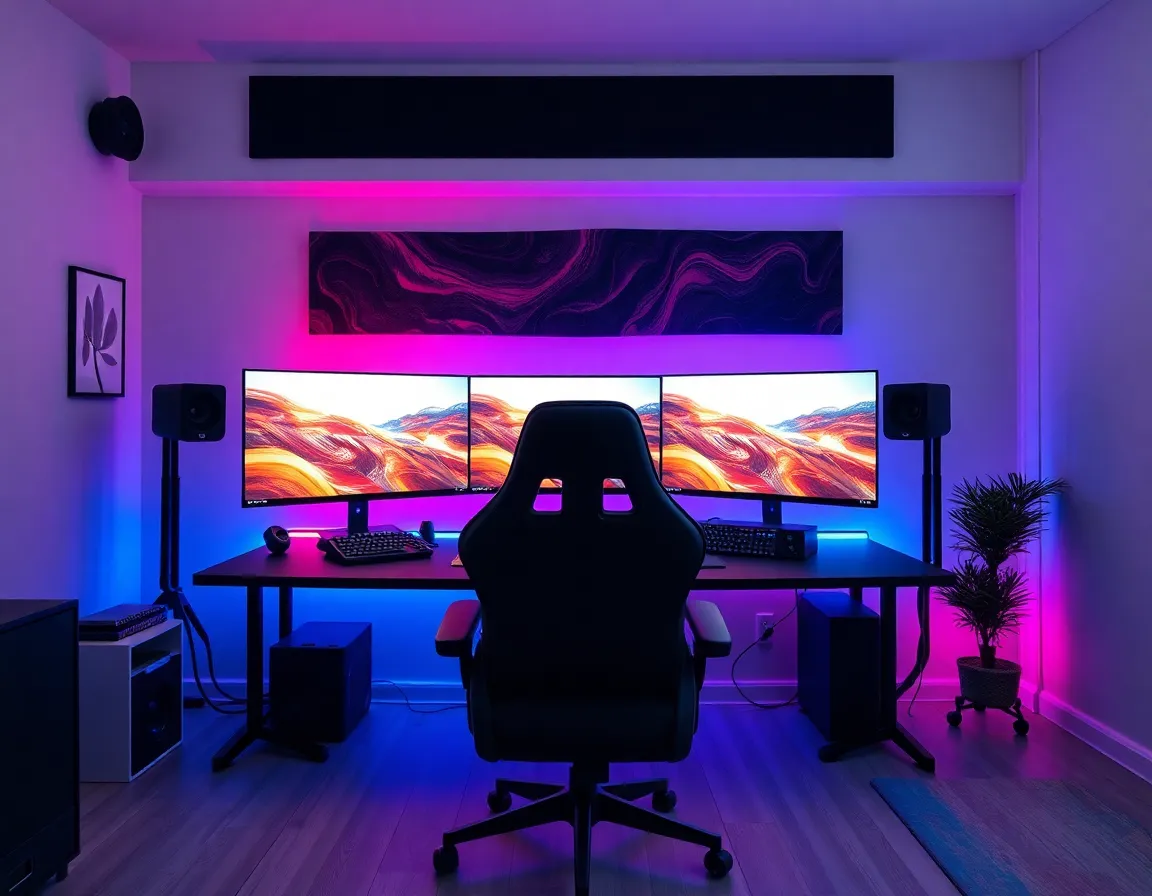 High-end gaming setup with multiple monitors, RGB lighting, and ergonomic chair