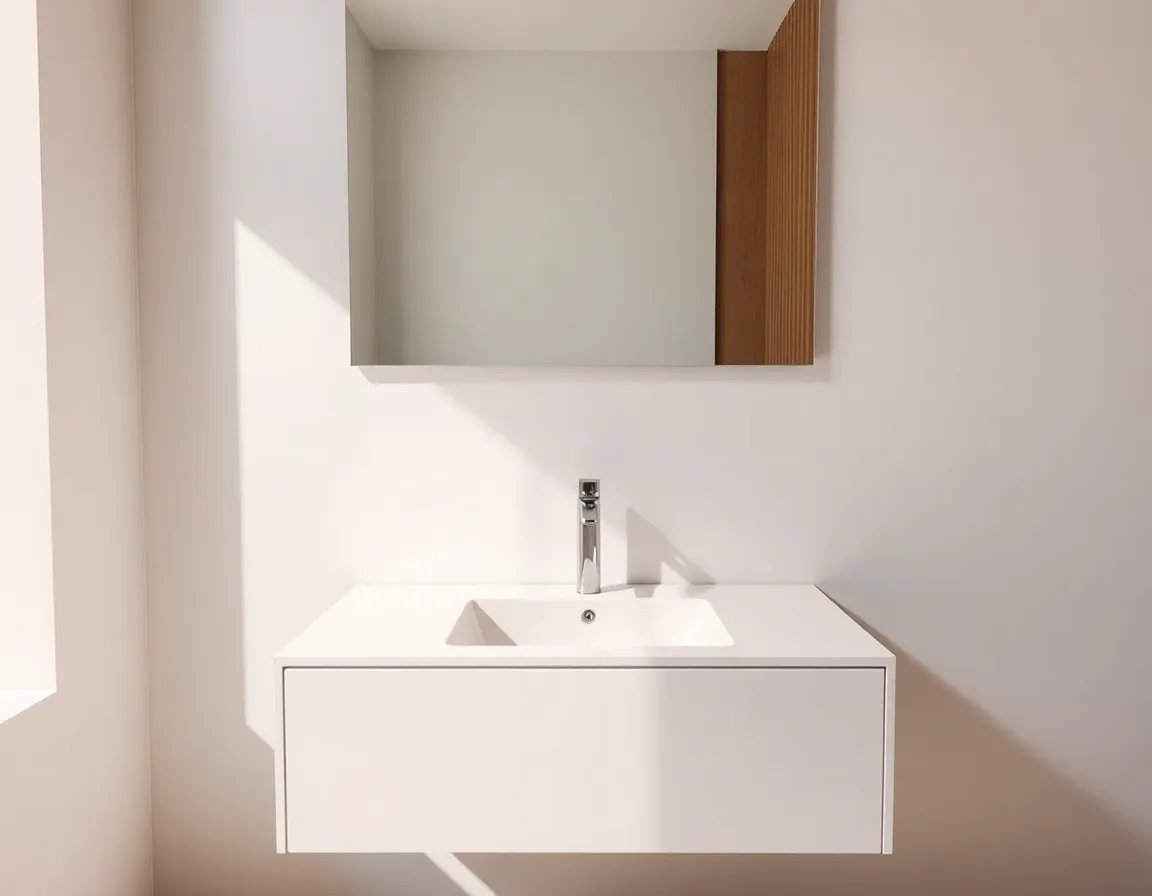 Modern wall-mounted floating vanity with undermount sink and minimalist faucet