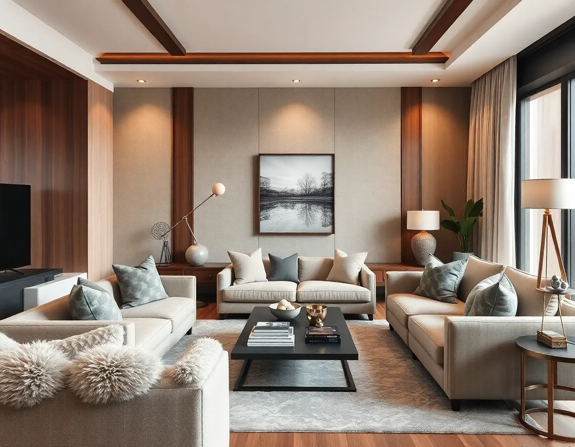 Living room featuring various textures including plush textiles, wooden elements, and metallic accents creating visual depth