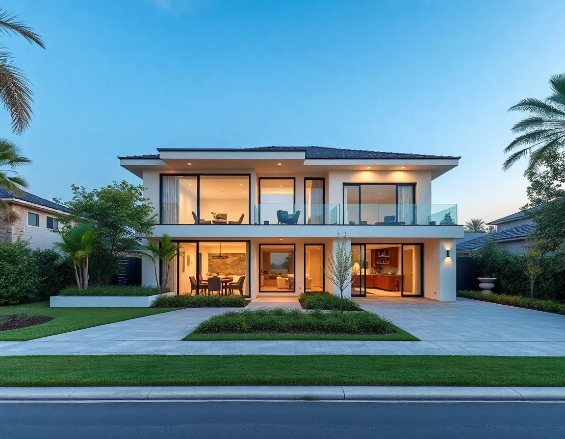 Elegant two story house with modern architecture and landscaping