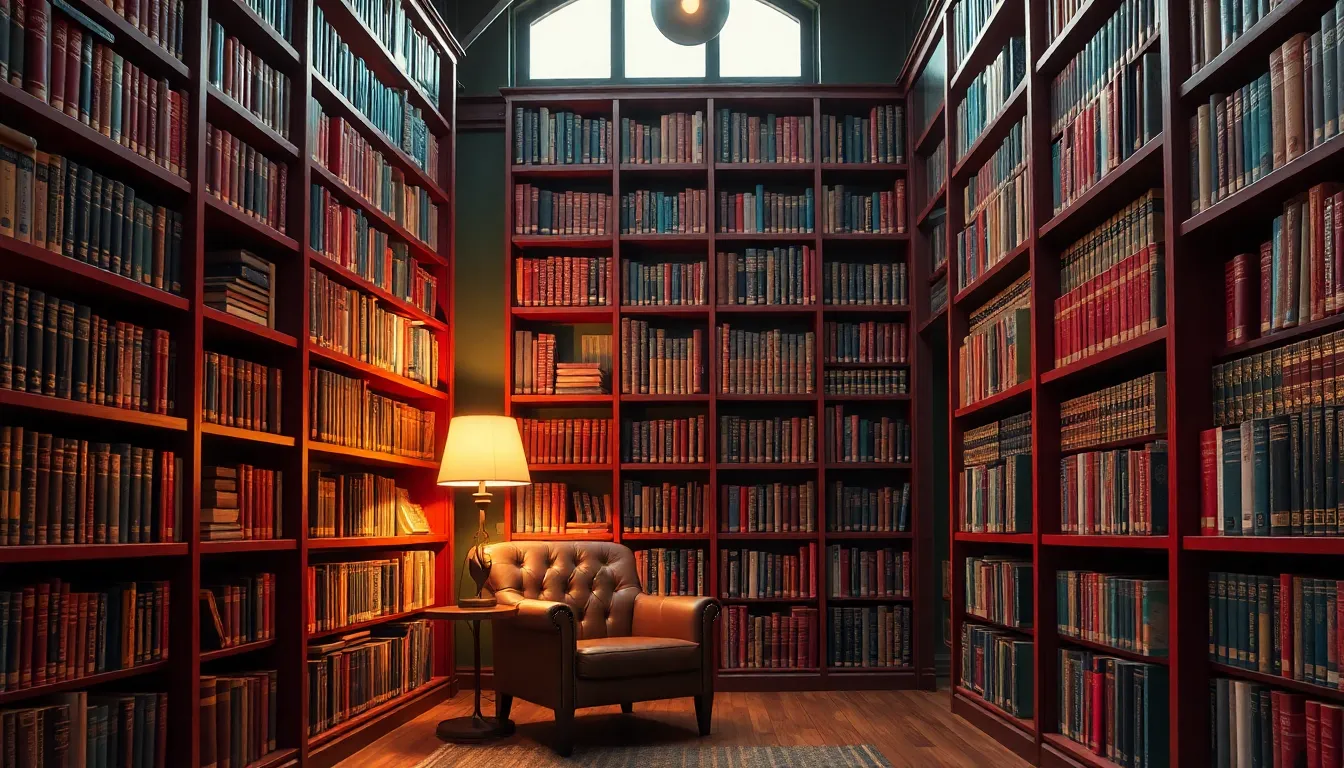 Atmospheric library corner with floor-to-ceiling bookshelves, vintage leather chair, warm lamp lighting, and rich burgundy and forest green color scheme