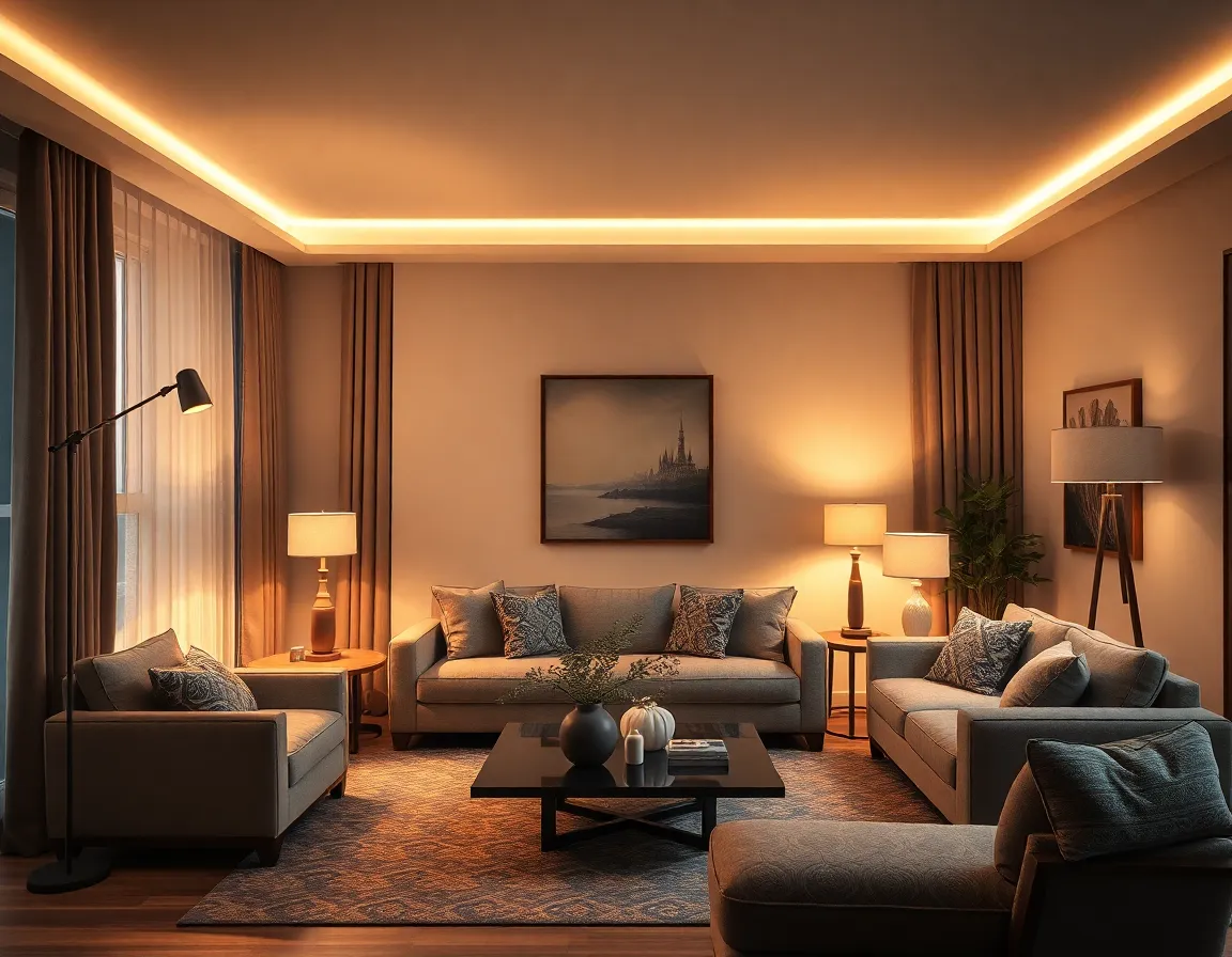 Living room with layered lighting featuring floor lamps, table lamps, and ambient lighting creating a warm atmosphere