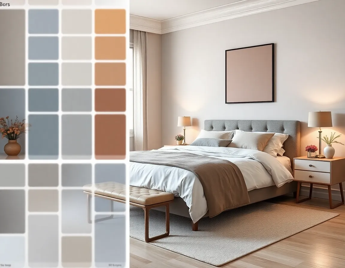 Various bedroom color schemes with paint swatches and complementary decor elements