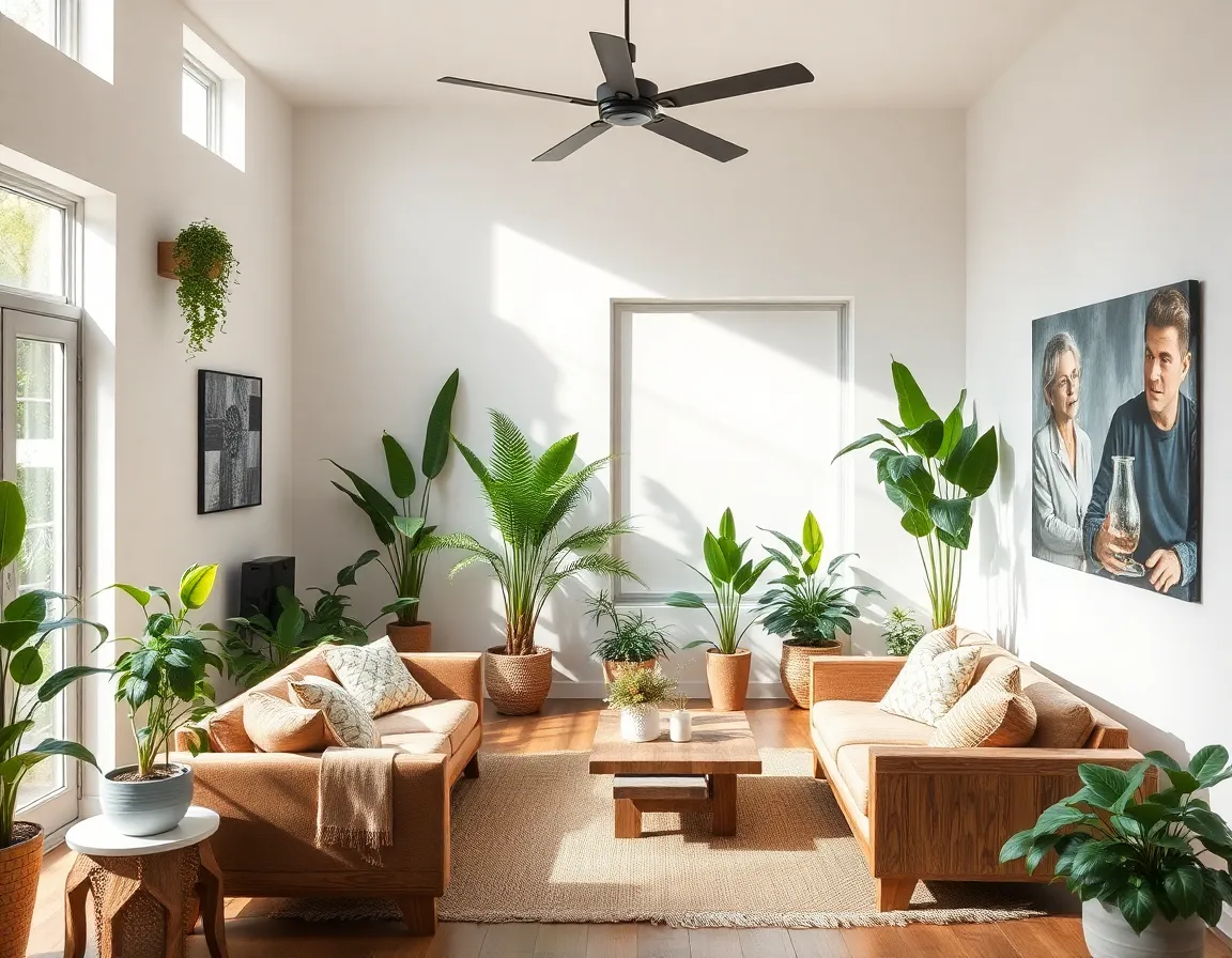 Sustainable interior featuring reclaimed wood furniture, energy-efficient lighting, and indoor plants that purify air