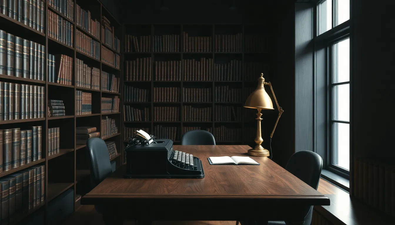 Dark academia workspace featuring a wooden desk with vintage typewriter, brass lamp, and walls lined with leather-bound books in moody lighting