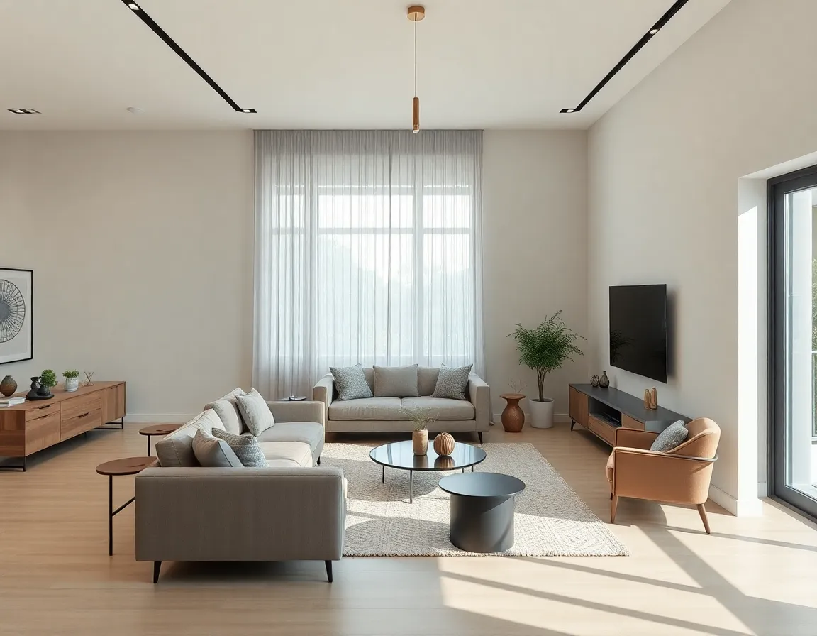 Sala moderna con muebles contemporáneos, paleta de colores neutros y amplia iluminación natural