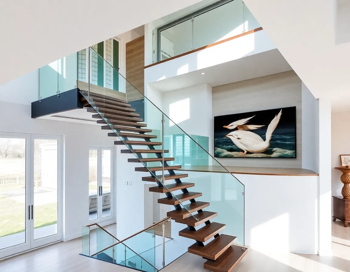 Modern floating staircase with glass railings serving as a focal point in a two story house