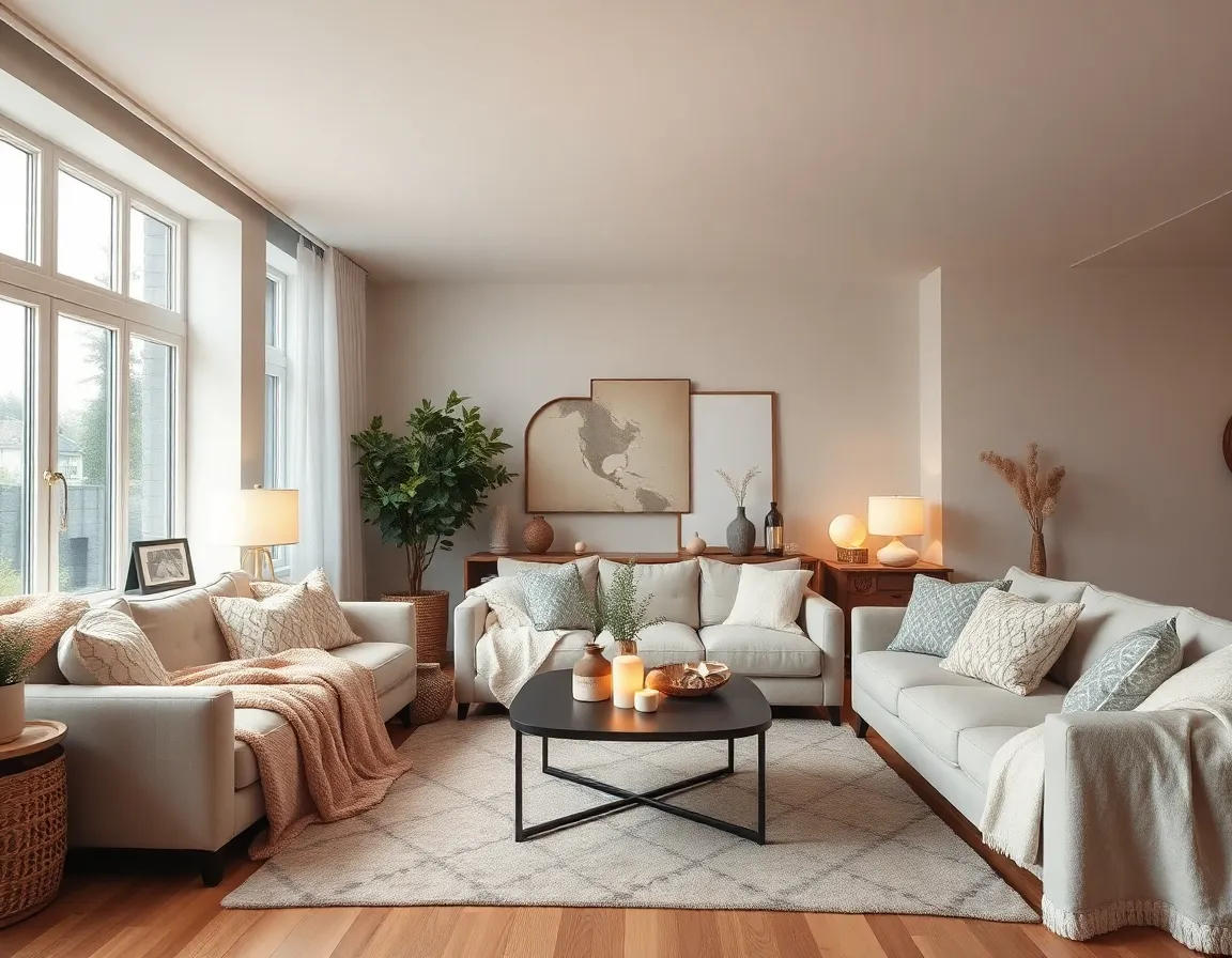 A cozy living room with soft blankets, warm lighting, and natural elements embodying hygge principles