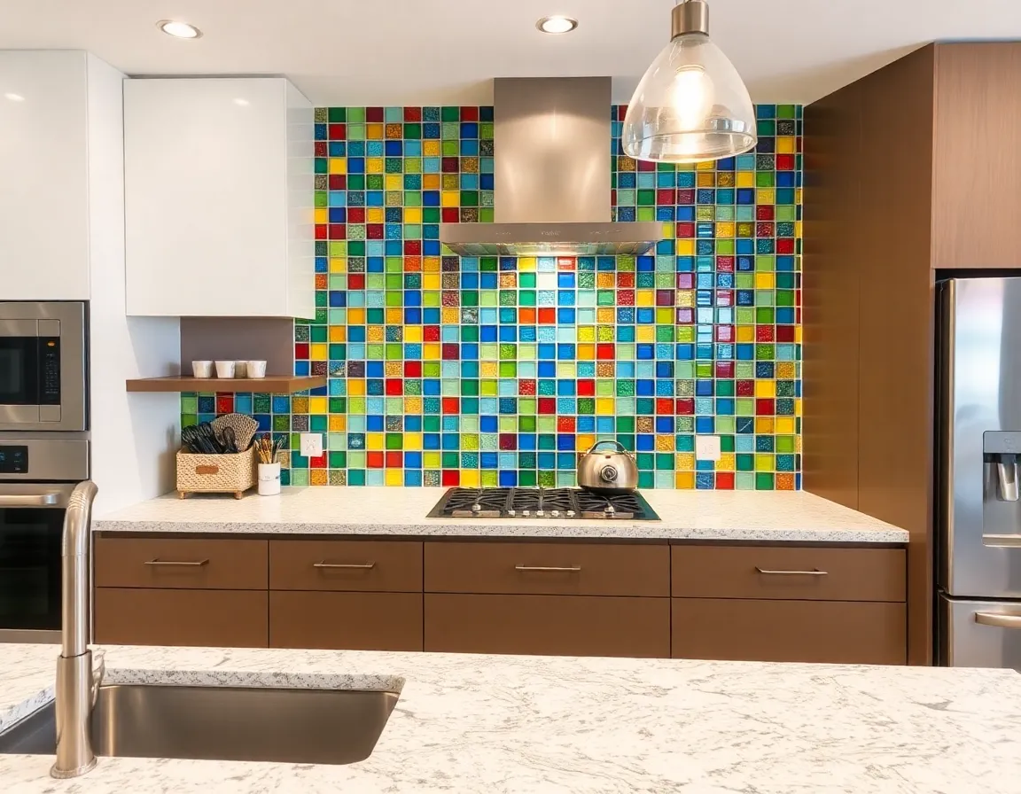 Colorful glass mosaic backsplash creating a stunning focal point in a modern kitchen