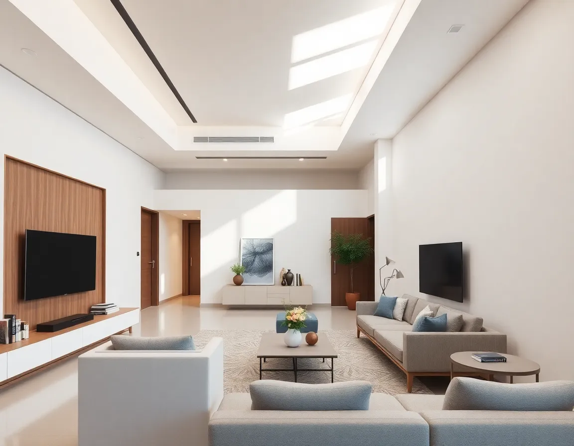 Modern interior featuring clean lines, neutral palette, and strategic lighting that perfectly balances form and function