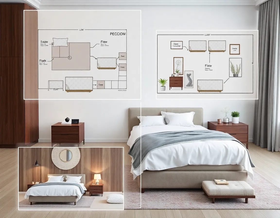 Various bedroom furniture layout options with flow patterns and space utilization