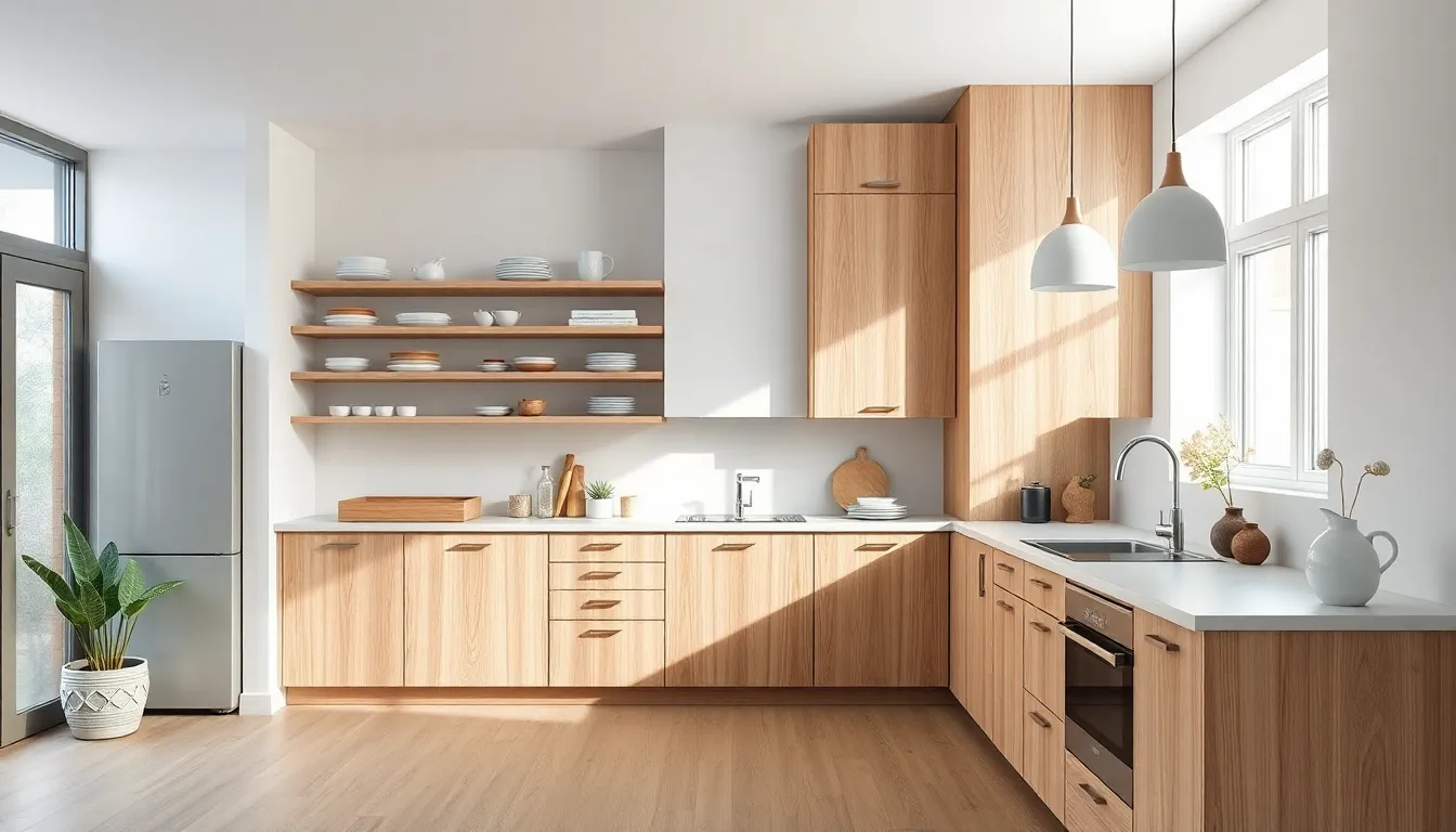 Scandinavian kitchen with natural wood cabinetry and open shelving