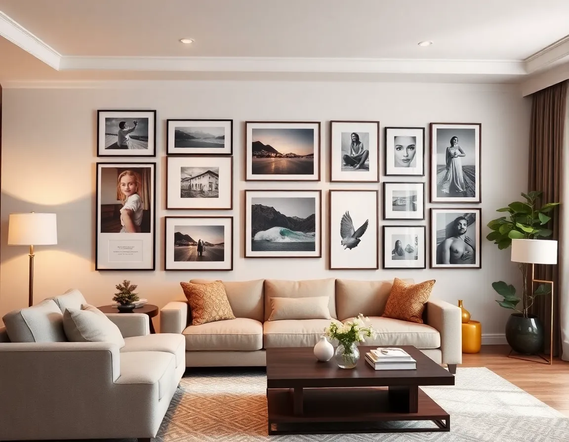 Beautiful gallery wall with professionally arranged artwork and photographs in a modern living room