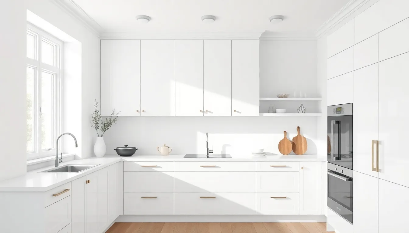 Clean white flat-front cabinets in minimalist Scandinavian kitchen