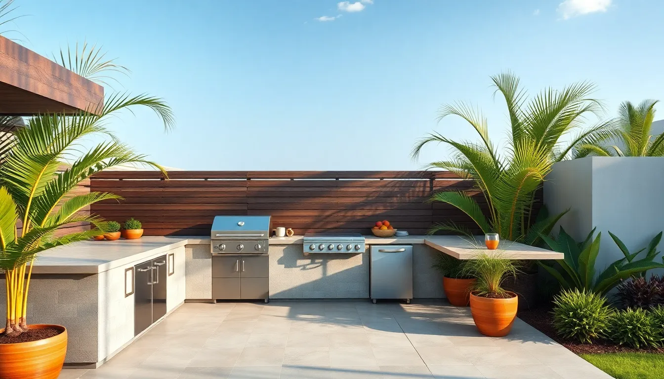 Modern outdoor bar setup with weather-resistant materials, built-in grill, and tropical landscaping