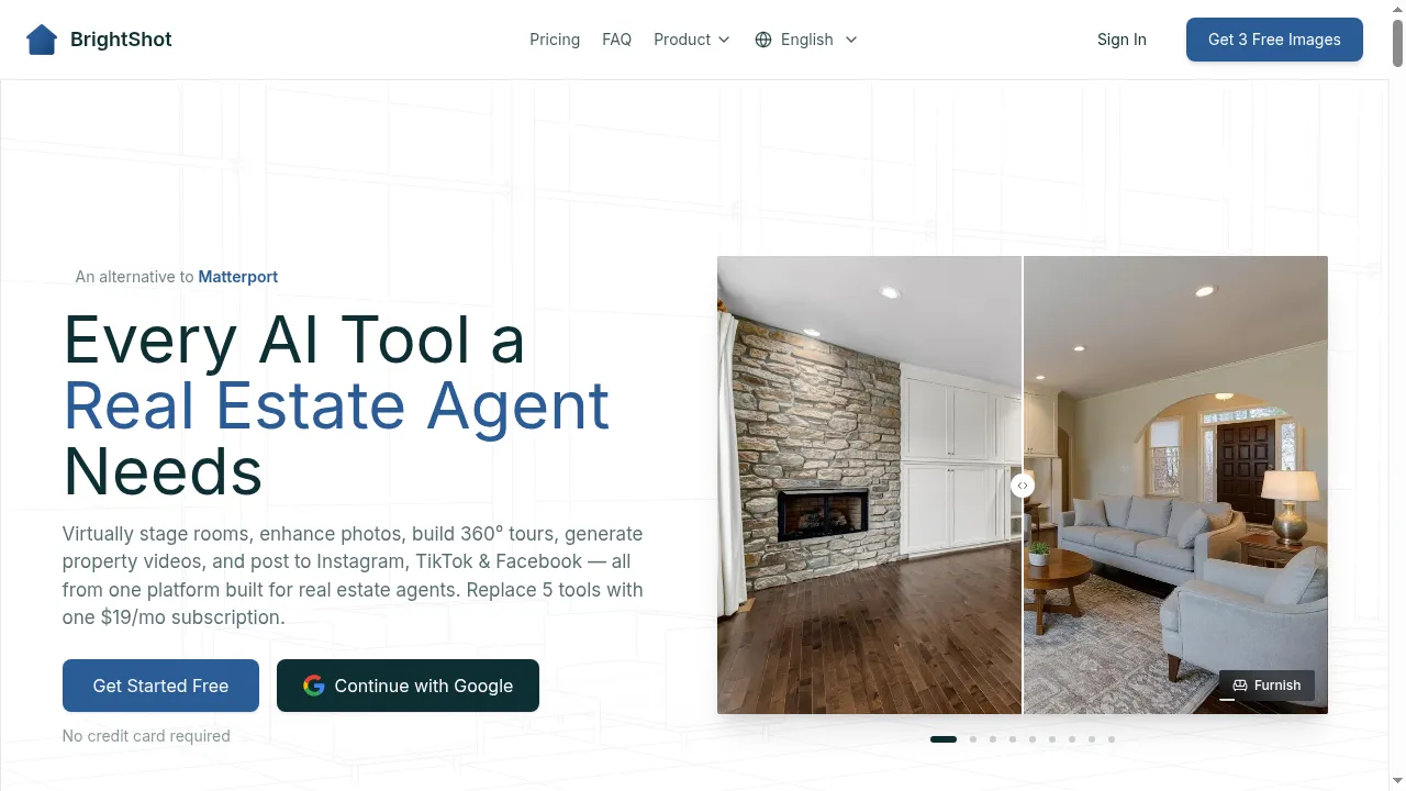 BrightShot homepage showing the AI real estate photo and rendering platform