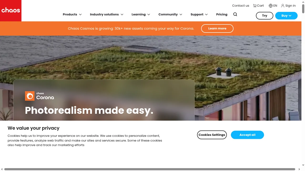 Chaos Corona product page showing the interior-focused photorealistic renderer