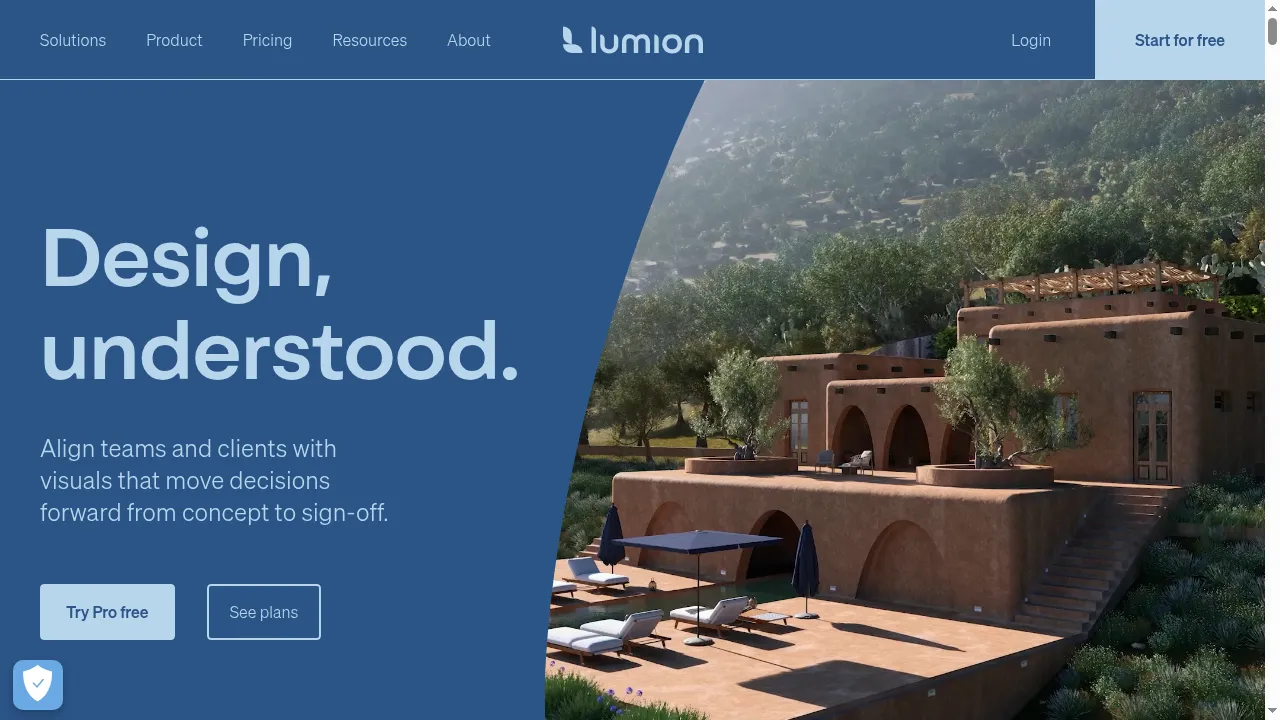Lumion homepage showing the real-time 3D architectural rendering software interface