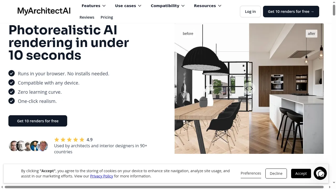 MyArchitectAI homepage showing the architect sketch-to-render AI tool