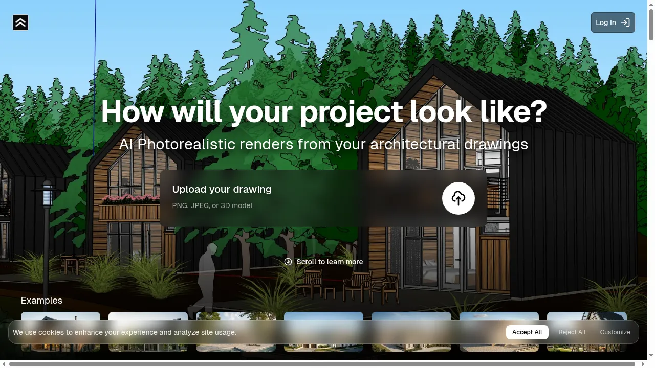 RenderAHouse homepage showing the AI exterior house rendering tool