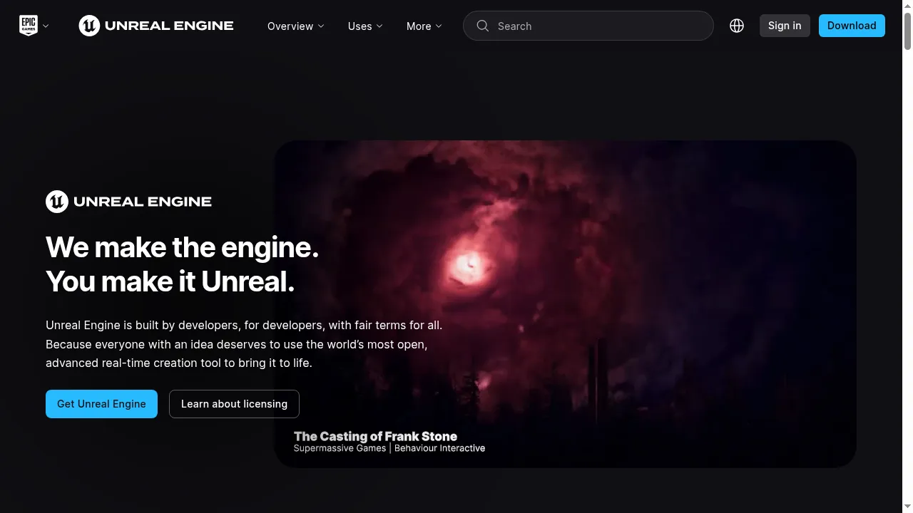 Unreal Engine homepage showing the real-time 3D engine used for architectural visualization