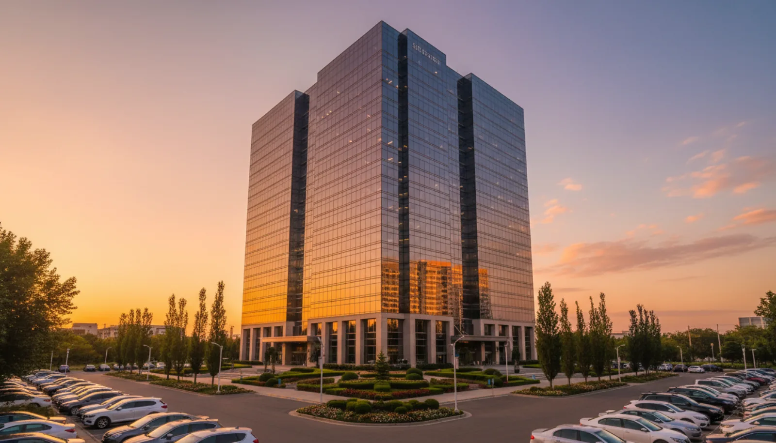 Modern multi-story commercial office building with reflective glass facade, photographed at golden hour with warm sunset colors and clean architectural composition