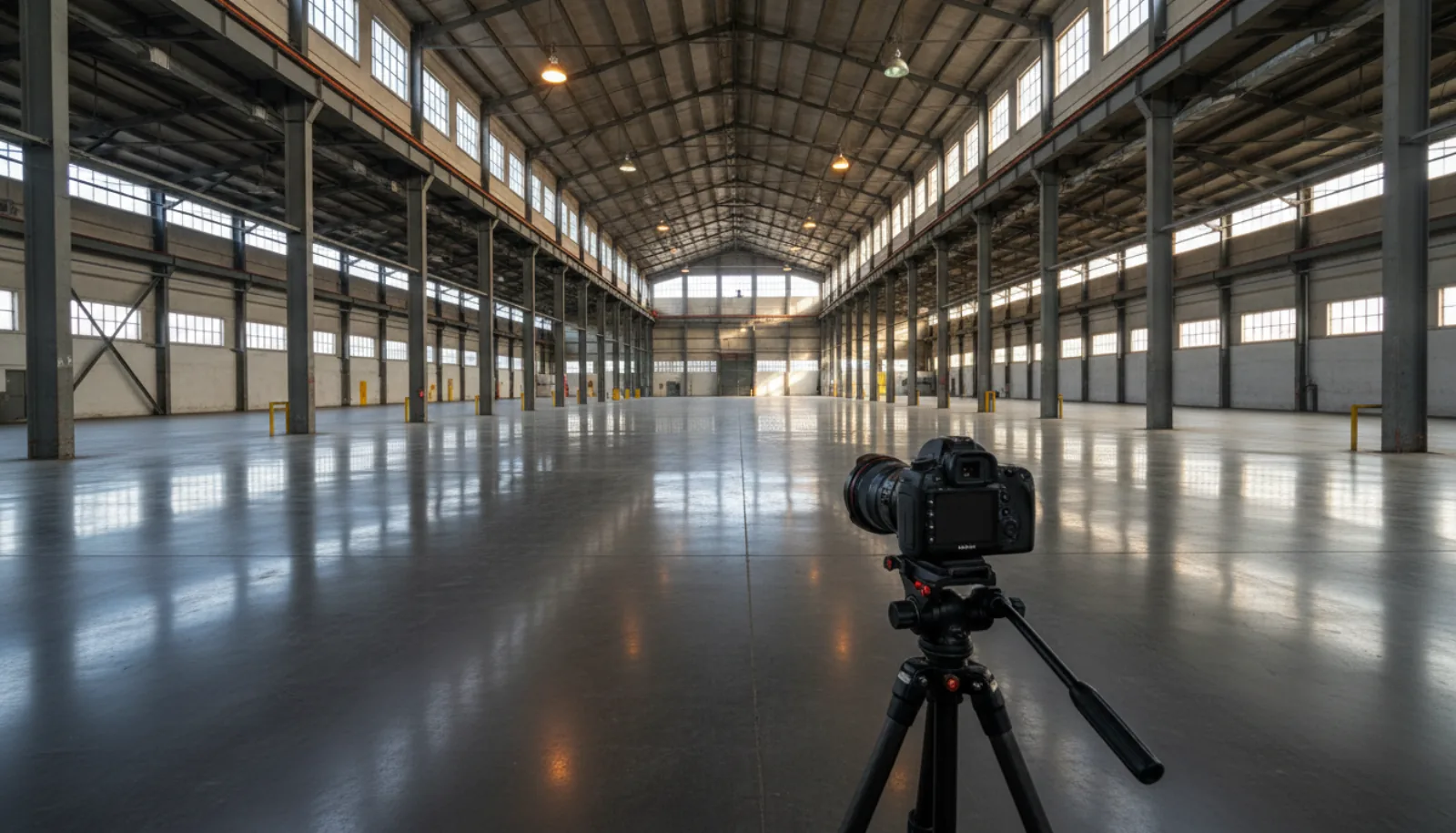 Professional DSLR camera on a tripod inside a vast empty industrial warehouse with high ceilings, structural columns, and natural light streaming through clerestory windows
