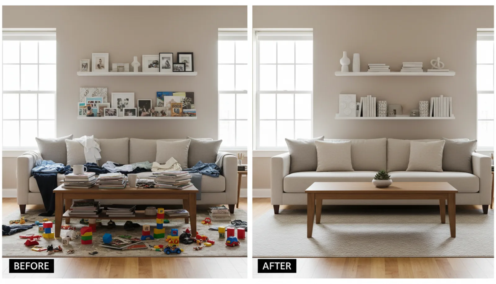 Side-by-side comparison of a cluttered living room with personal items, toys, and laundry next to the same room cleaned, depersonalized, and styled for sale