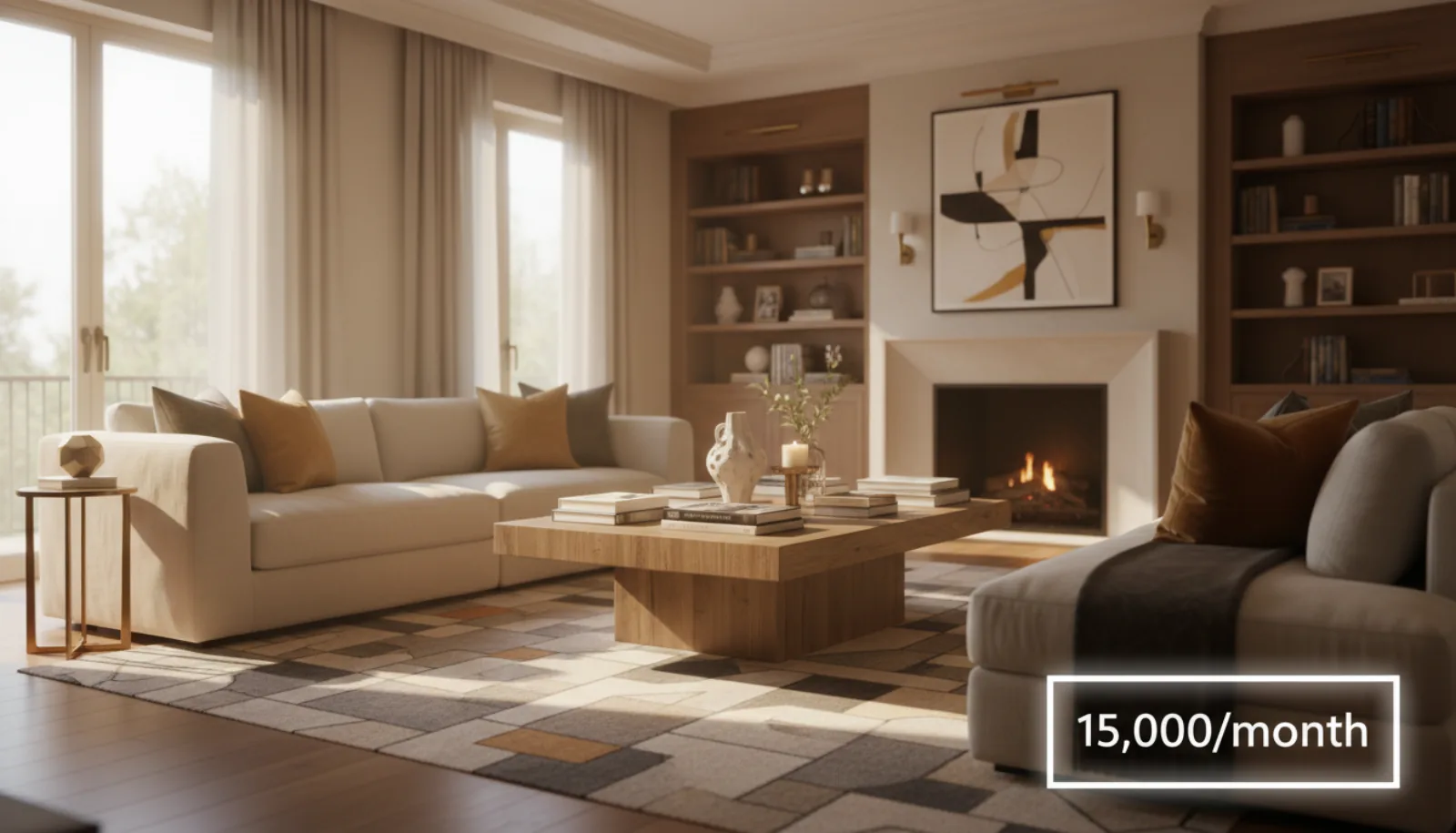 Luxury professionally physically staged living room with velvet sofa, real coffee table, framed art, plants, and decorative pillows in warm natural light