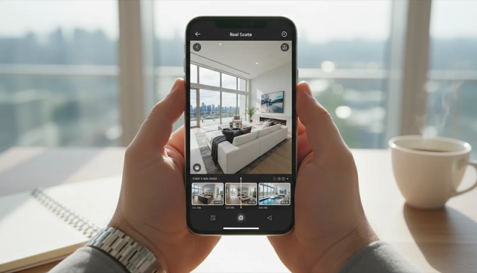 Smartphone showing a real estate listing video editing interface with clip thumbnails on a timeline and a luxury home preview, hands holding the phone with desk slightly out of focus
