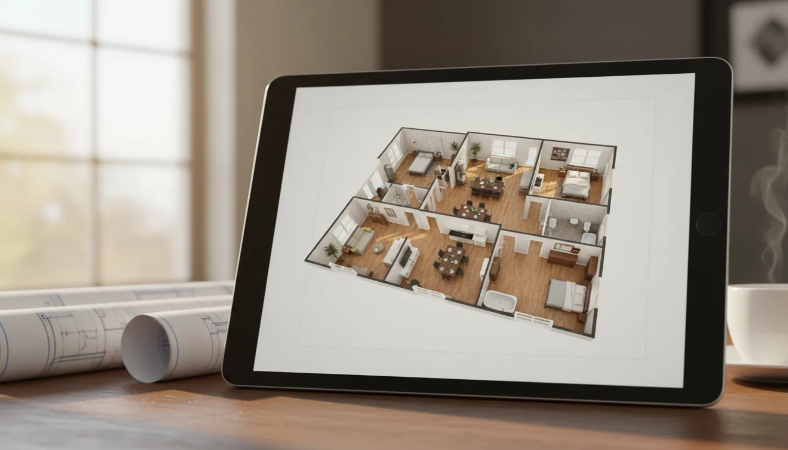 Tablet screen showing a Matterport-style 3D dollhouse cutaway view of a residential home with all rooms and furniture visible from above, on a wooden desk with architectural drawings and coffee
