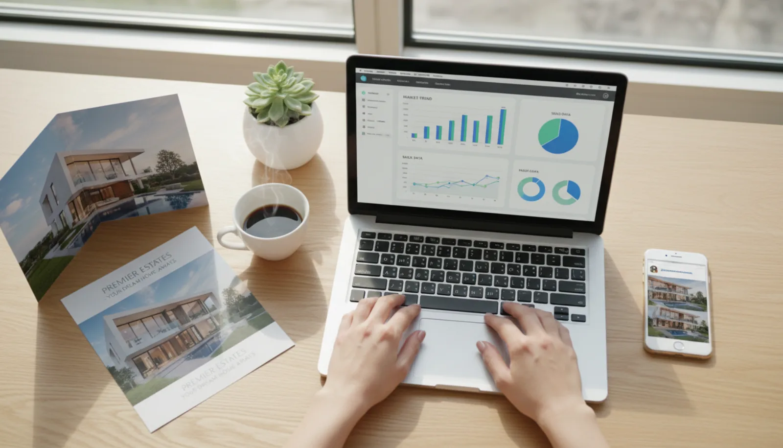 Real estate agent's home office desk with laptop showing analytics dashboard, smartphone displaying Instagram, printed marketing brochure, and notebook arranged neatly
