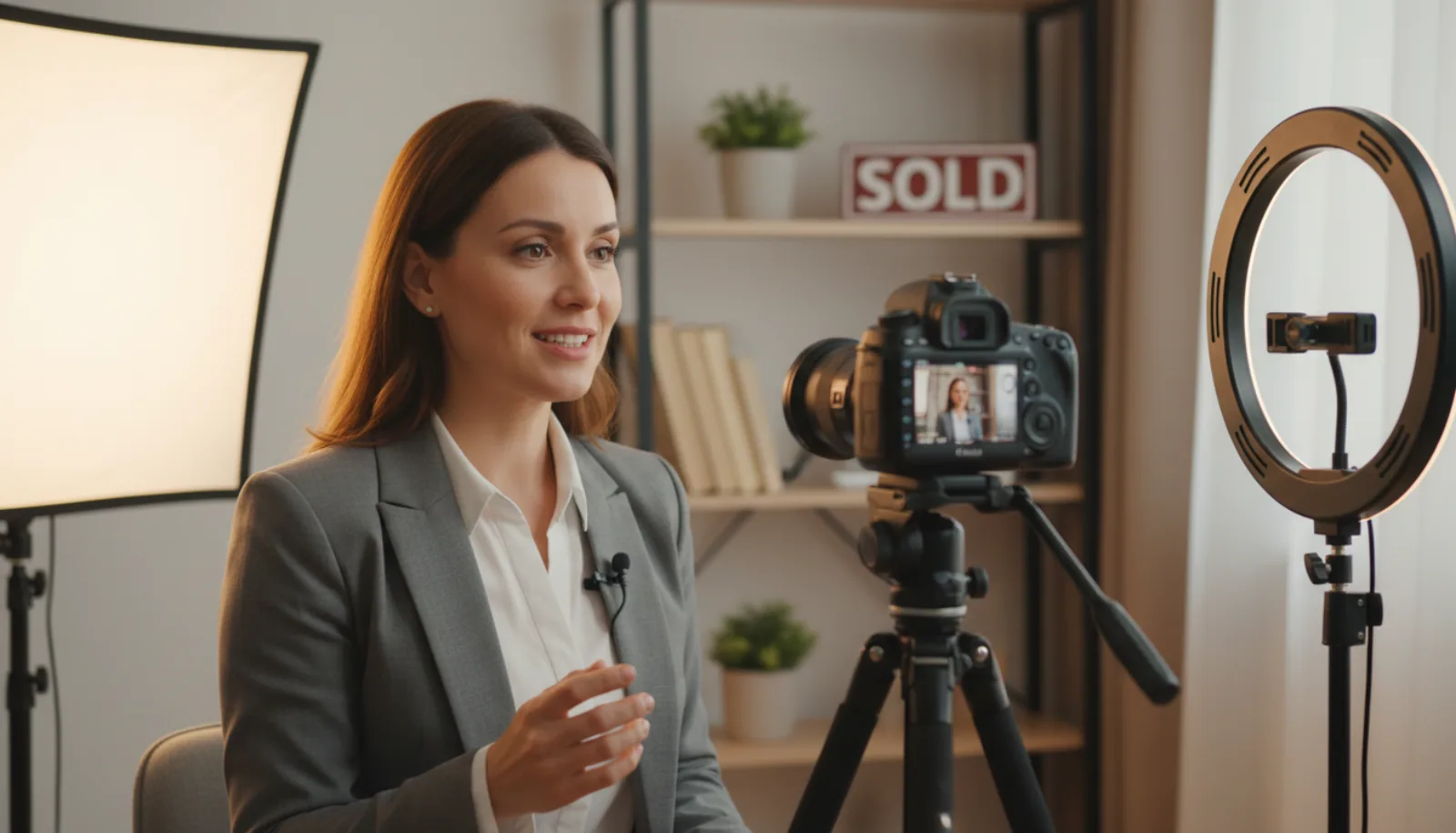 Real estate agent recording a YouTube video in a home office: agent in front of camera on tripod with soft box light and ring light, simple bookshelf backdrop
