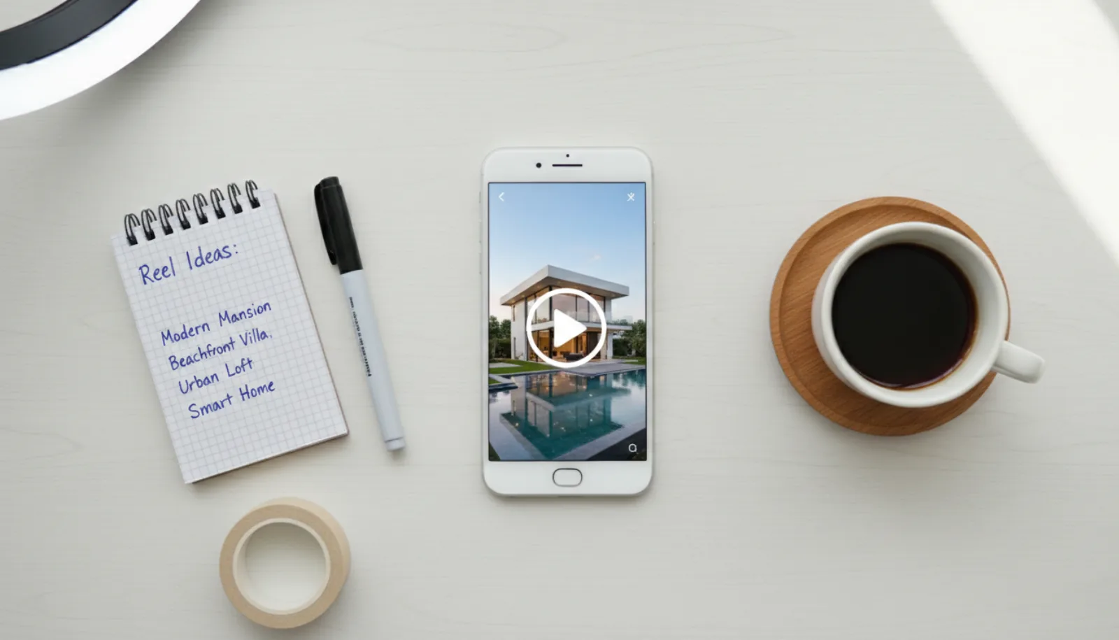 Flat-lay overhead of a smartphone showing a real estate Reel preview surrounded by a notebook with content ideas, ring light, marker pens, and a coffee cup on a clean white wood surface