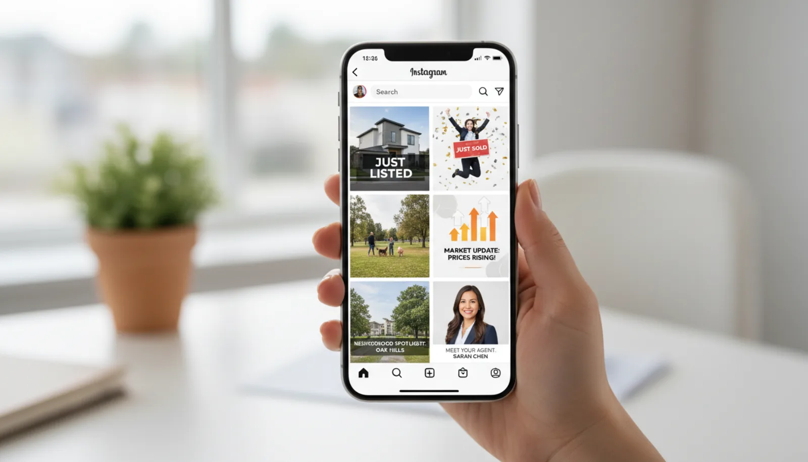 Smartphone close-up displaying an Instagram feed with multiple real estate post tiles: just-listed photo, just-sold celebration, neighborhood spotlight, market update graphic, and agent headshot