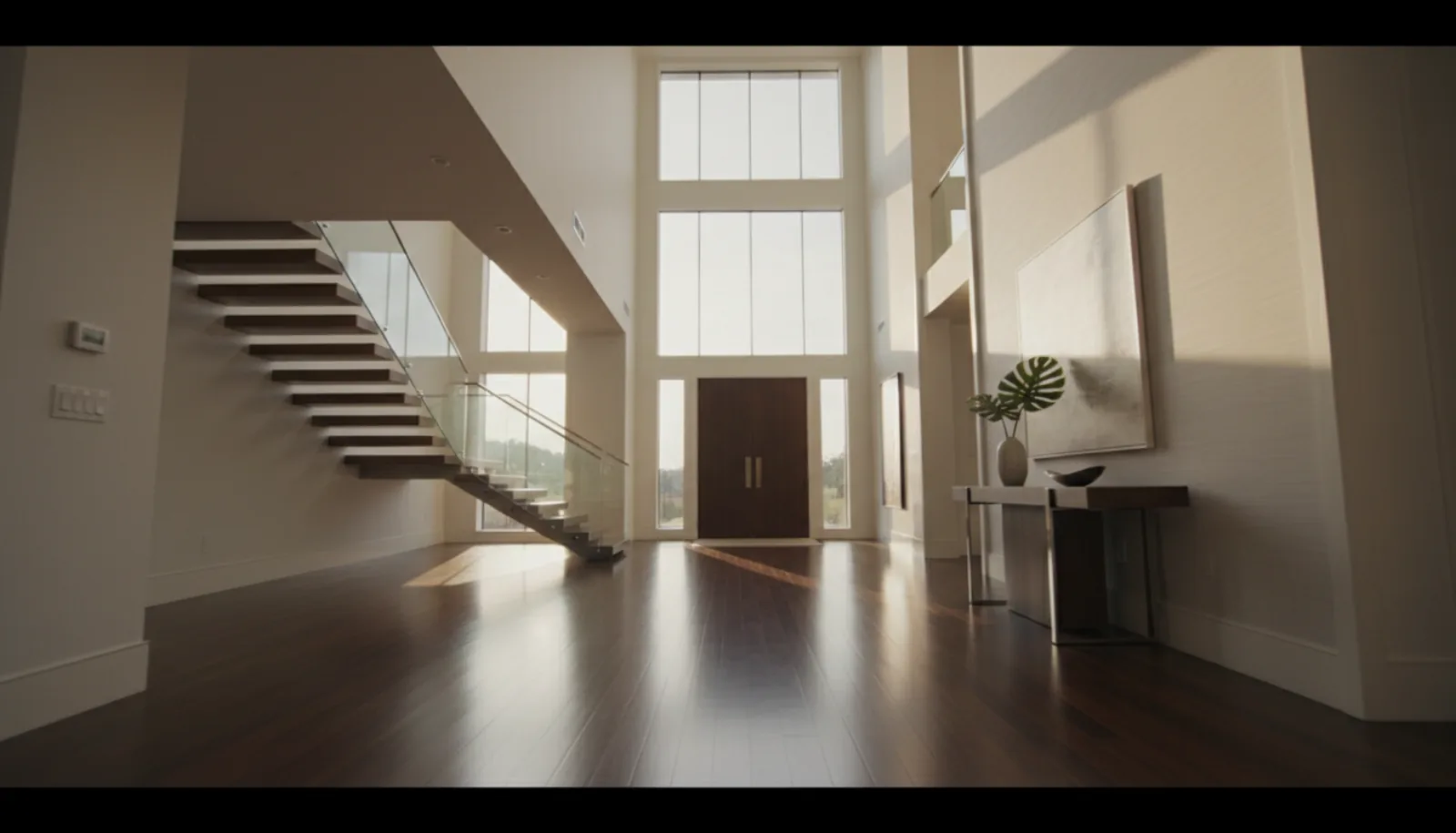 Cinematic frame from a real estate listing video: slow gimbal move through a modern home entryway with high ceilings, hardwood floors, and warm natural light, shot in 16:9 letterbox