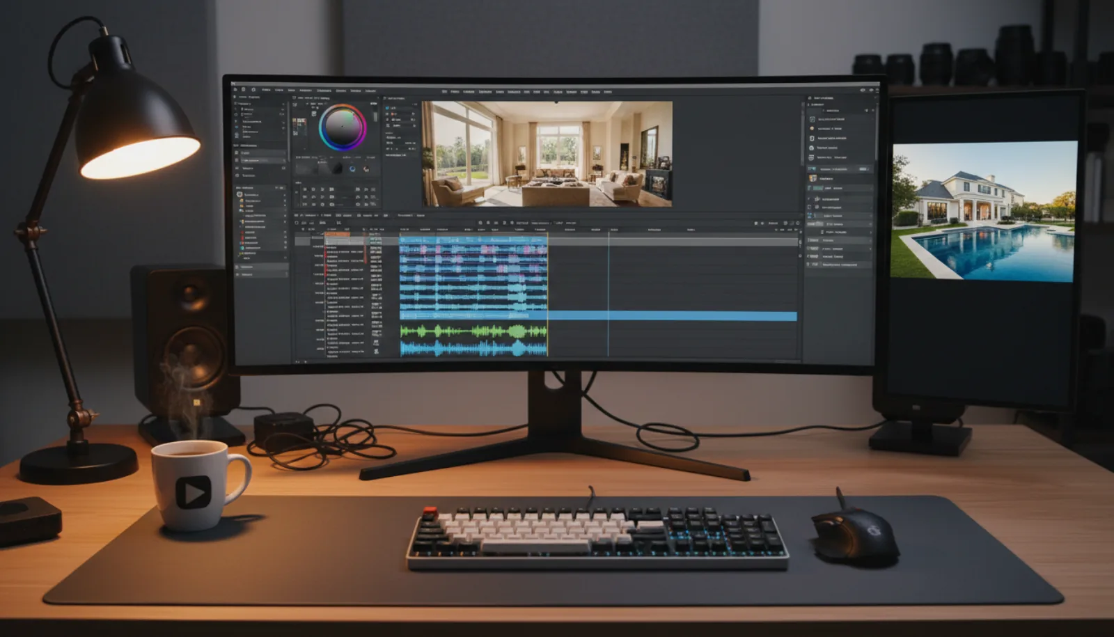 Video editor's workspace showing a video editing timeline with multiple clips and audio waveforms, color graded real estate footage, and a preview monitor on a clean modern desk