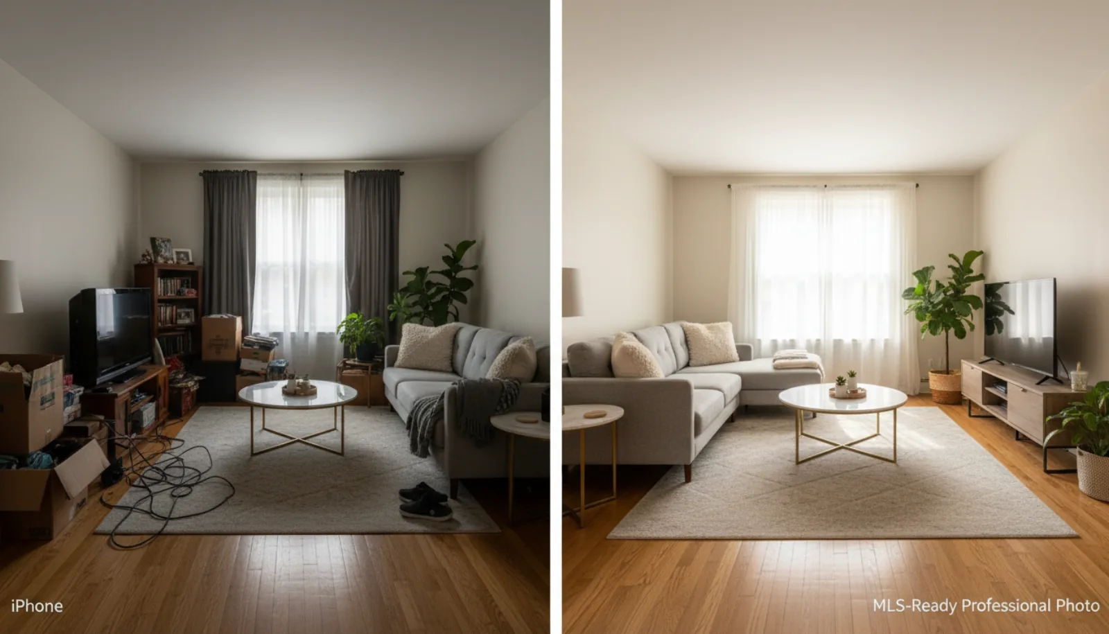Side-by-side comparison: cluttered dim raw iPhone listing photo on the left, professionally enhanced bright virtually staged version on the right
