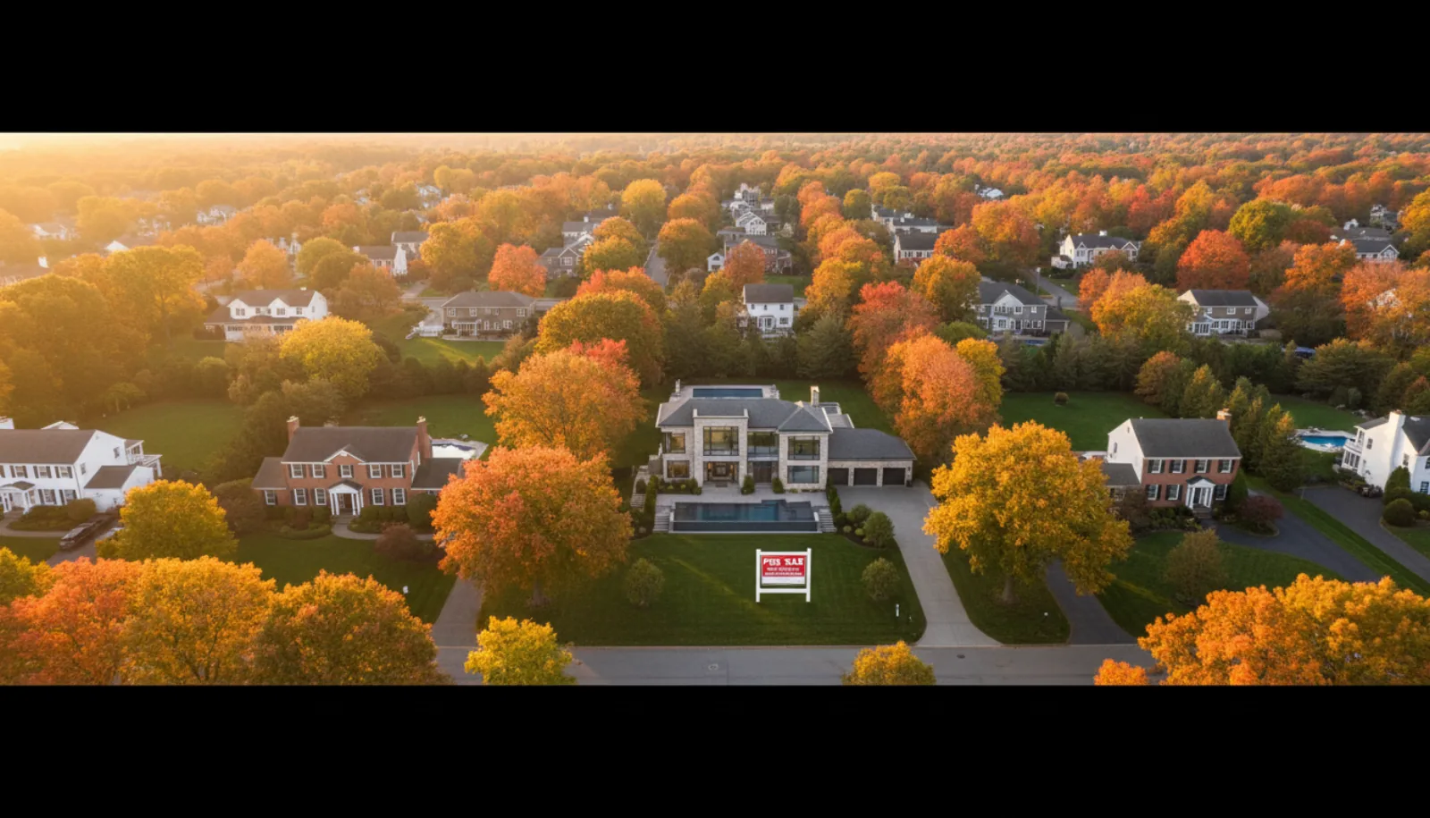 Tree-lined New Jersey suburban neighborhood at golden hour with a luxury home featuring a For Sale sign in the front yard