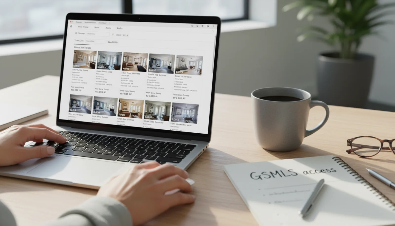 Real estate agent's laptop showing a multiple listing service dashboard with property search filters, listing photos in grid view, and a notepad reading GSMLS access